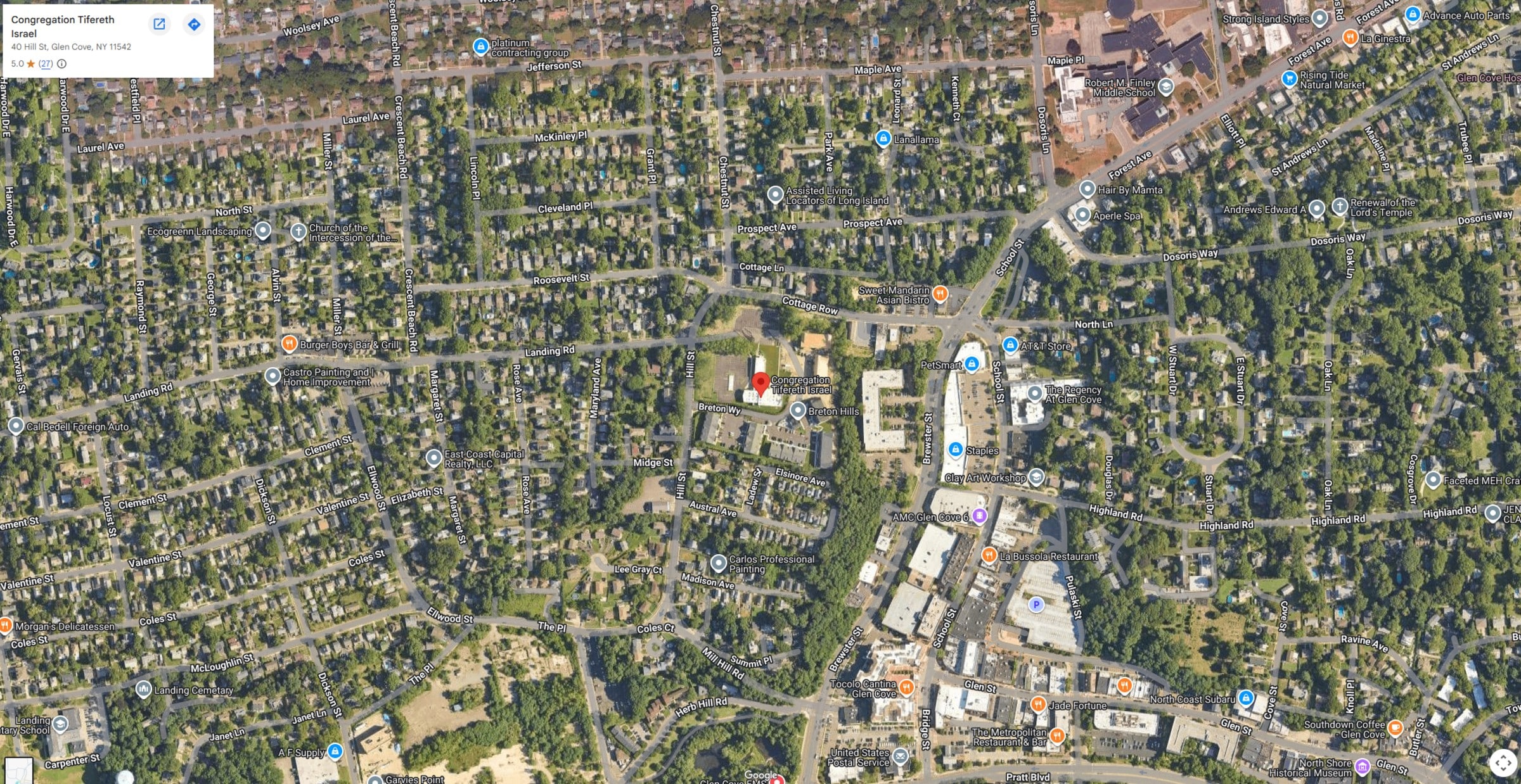 Map to Congregation Tifereth Israel, 40 Hill St, Glen Cove, NY 11542